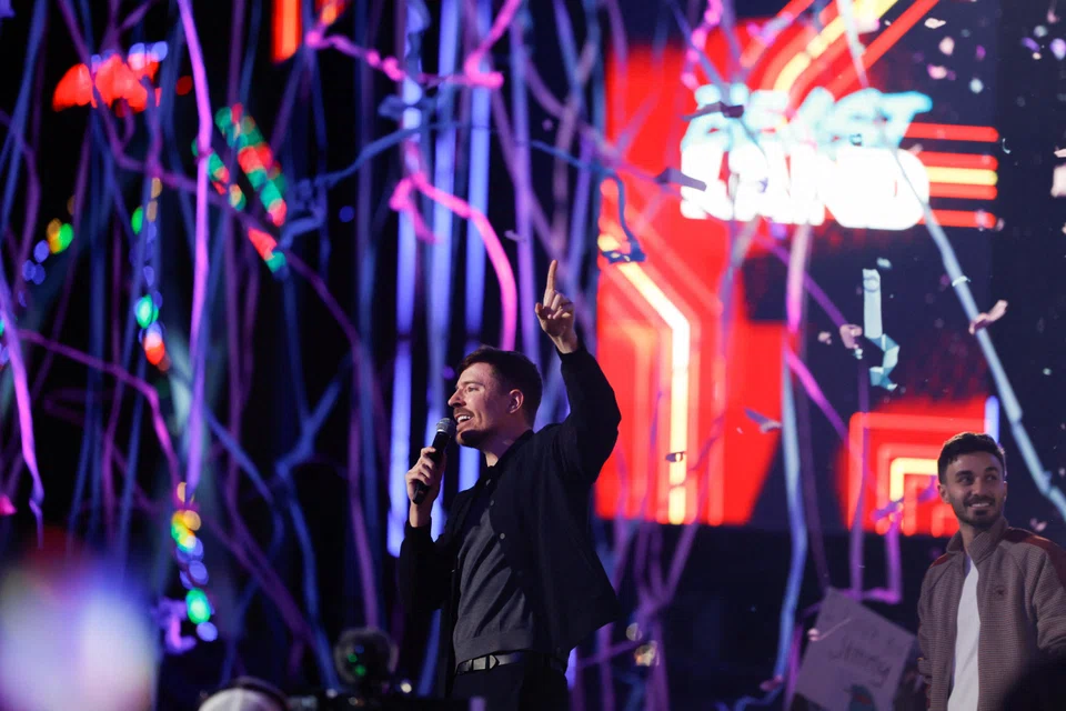 Jimmy Donaldson, known as MrBeast and currently the world's most popular YouTuber, who reached 100 billion total views this month, speaks on stage during the opening day of Beast Land, Riyadh, Saudi Arabia, Nov 13, 2025.