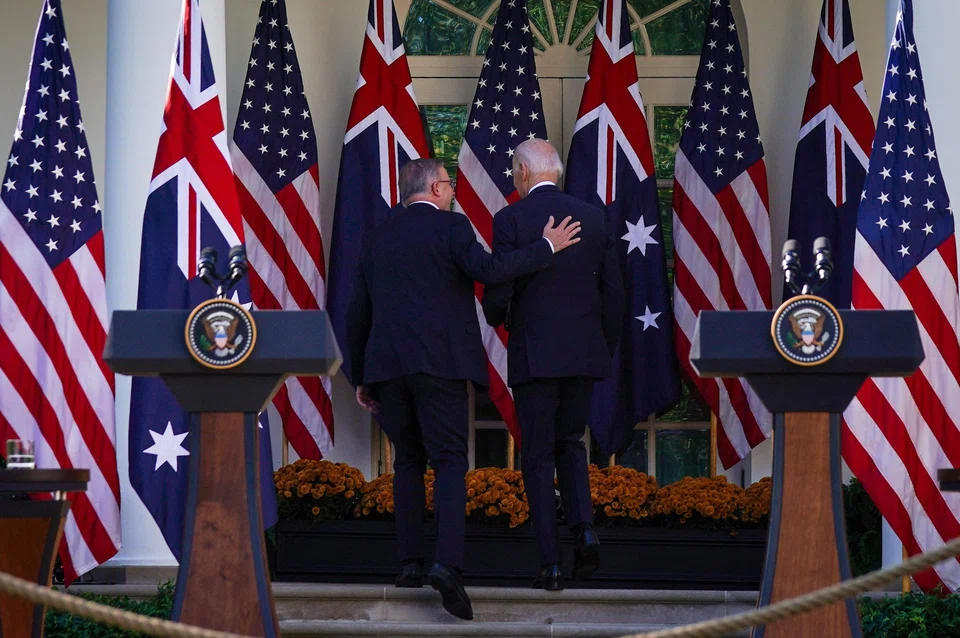 Australian Prime Minister Anthony Albanese and US President Joe Biden depart a joint press conference in the Rose Garden at the White House in Washington, Oct 25, 2023. 