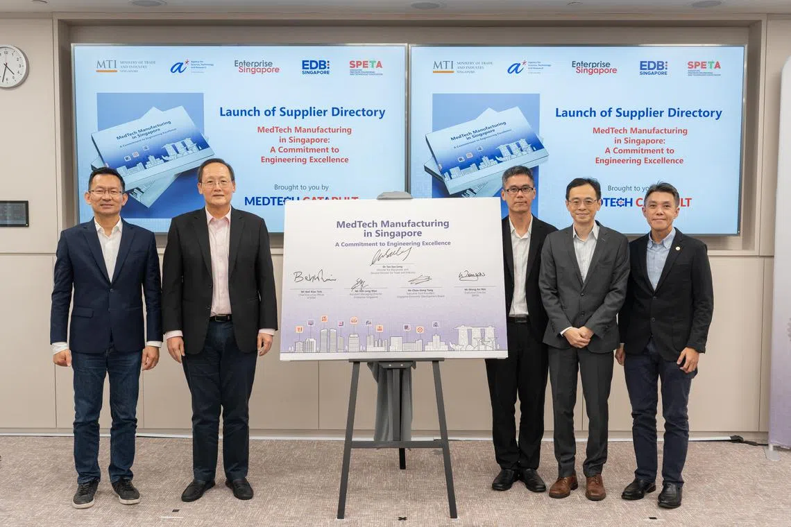 From left: Beh Kian Teik, A*Star chief executive; Dr Tan See Leng, minister for manpower and second minister for trade and industry; Soh Leng Wan, assistant managing director (manufacturing) at Enterprise Singapore; Choo Heng Tong, executive vice-president at Economic Development Board; and Wong Anwei, executive director at Singapore Precision Engineering and Technology Association. 