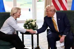 European Commission chief Ursula von der Leyen (left), describing US President Donald Trump as a tough negotiator, told reporters on Sunday that it was “the best we could get”.