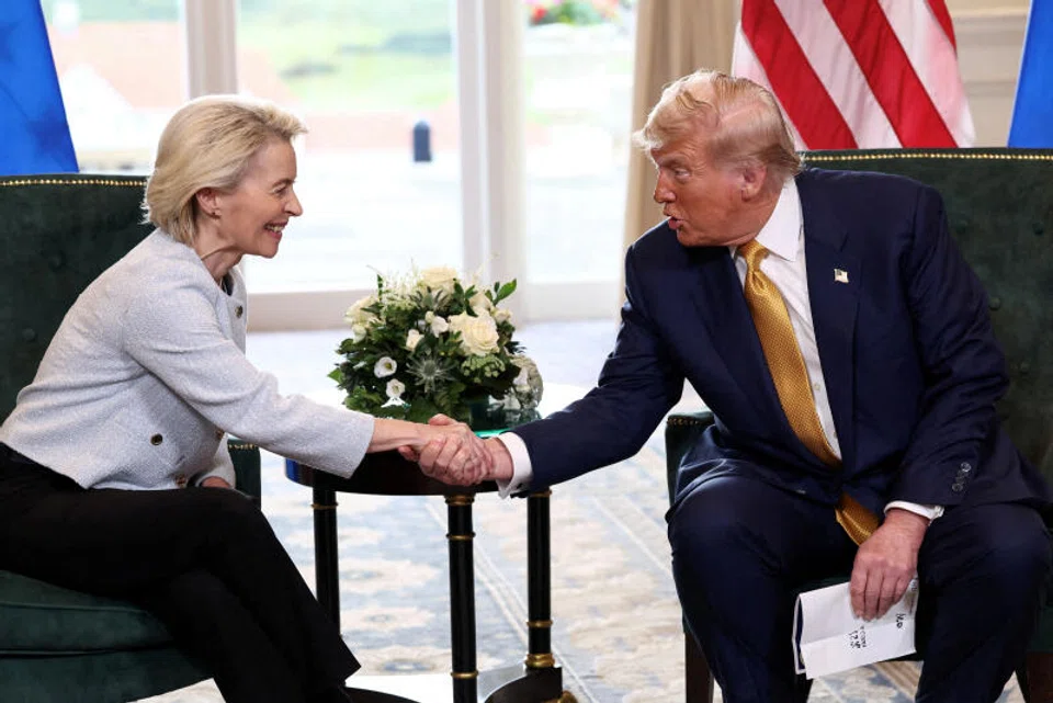 European Commission chief Ursula von der Leyen (left), describing US President Donald Trump as a tough negotiator, told reporters on Sunday that it was “the best we could get”.