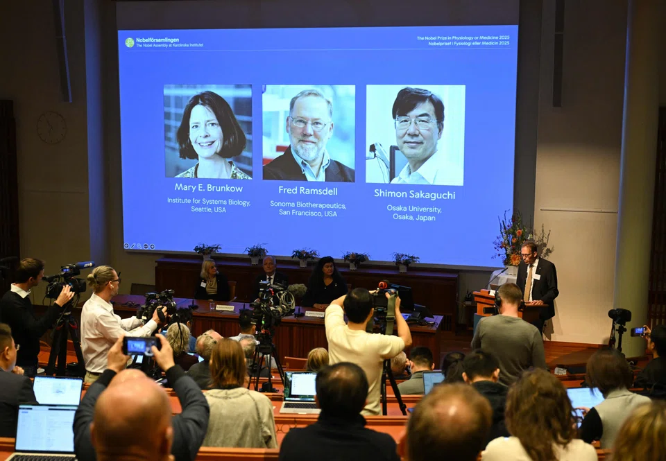 The winners of the 2025 Nobel Prize in Physiology or Medicine, (from left) Mary E Brunkow, Fred Ramsdell and Shimon Sakaguchi, are being announced at the Karolinska Institute in Stockholm on Oct 6.