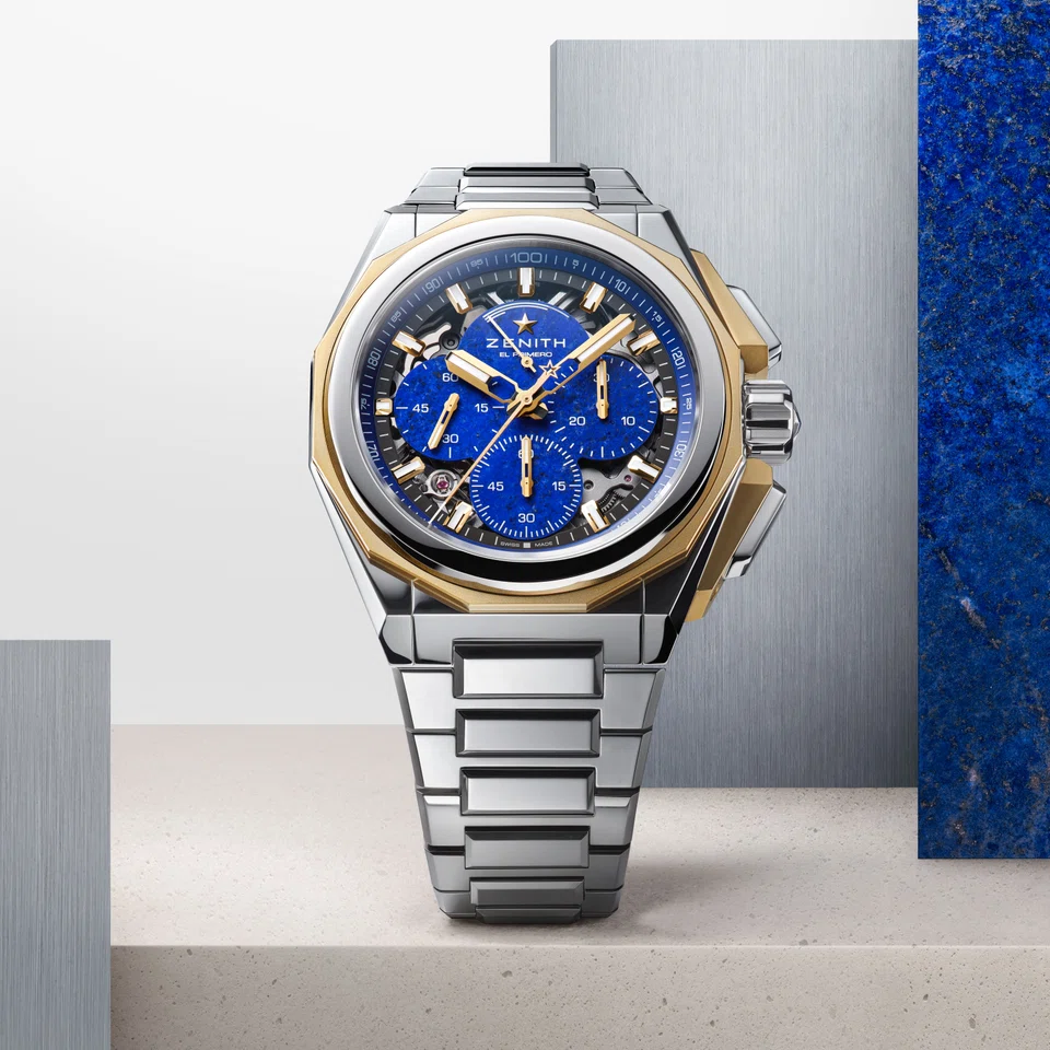 The Zenith Defy Extreme Lapis Lazuli features a 45 mm case in a combination of micro-blasted yellow gold and polished stainless steel.