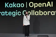 Kakao CEO Chung Shin-a speaks during a press conference with OpenAI CEO Sam Altman to announce a partnerships on AI services, in Seoul, South Korea, Feb 4, 2025.   
