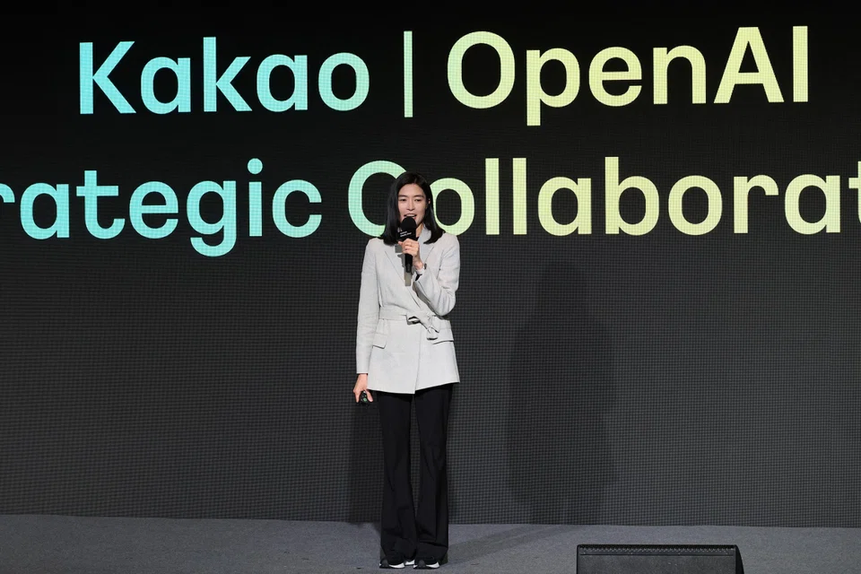 Kakao CEO Chung Shin-a speaks during a press conference with OpenAI CEO Sam Altman to announce a partnerships on AI services, in Seoul, South Korea, Feb 4, 2025.   