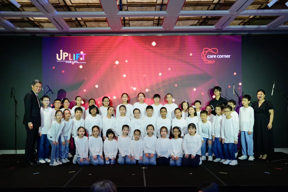 Minister Chan with students from Care Corner Student Care Centres who performed at the Care Corner Uplift for Life Gala Dinner 2024.
