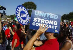 United Auto Workers union members gather for a rally on Sep 4. The union is in contract negotiations with Ford, General Motors, and Stellantis. The current UAW contract expires on Sep 14.