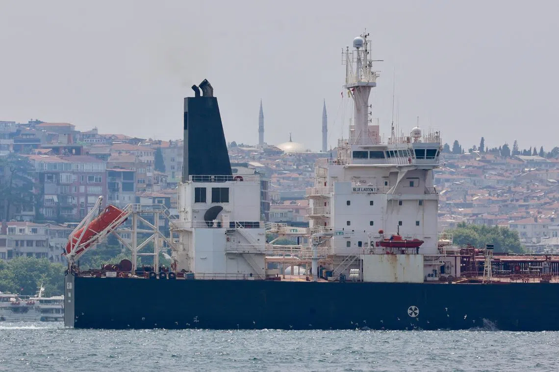 Panama-flagged oil tanker Blue Lagoon I transits the Bosphorus in Istanbul, Turkey June 14, 2024. The Houthis late on Monday claimed responsibility for targeting Blue Lagoon I with multiple missiles and drones but did not make any mention of the Saudi tanker Amjad.