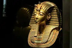 The golden funerary mask of ancient Egyptian King Tutankhamun (1341-1323 BC) is displayed at the Tutankhamun gallery at the Egyptian Museum in Cairo's central Tahrir Square, Egypt, June 11, 2025.