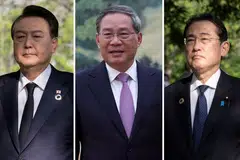 South Korean President Yoon Suk-yeol (left) will hold bilateral talks with Chinese Premier Li Qiang (middle) and Japanese Prime Minister Fumio Kishida (right) on May 26.
