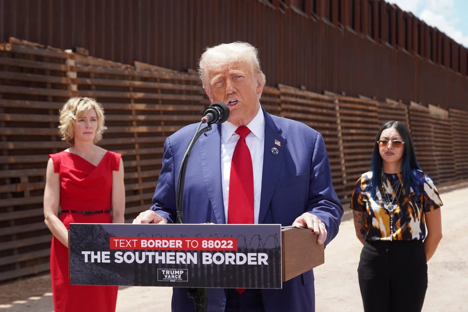 Republican presidential nominee and former US President Donald Trump speaks during a visit at the frontier with Mexico in Hereford, Cochise County, Arizona, Aug 22, 2024.