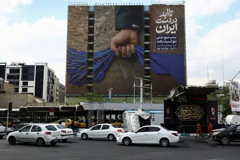 A billboard on a building in Tehran on April 13 declaring that the Strait of Hormuz belongs to Iran.