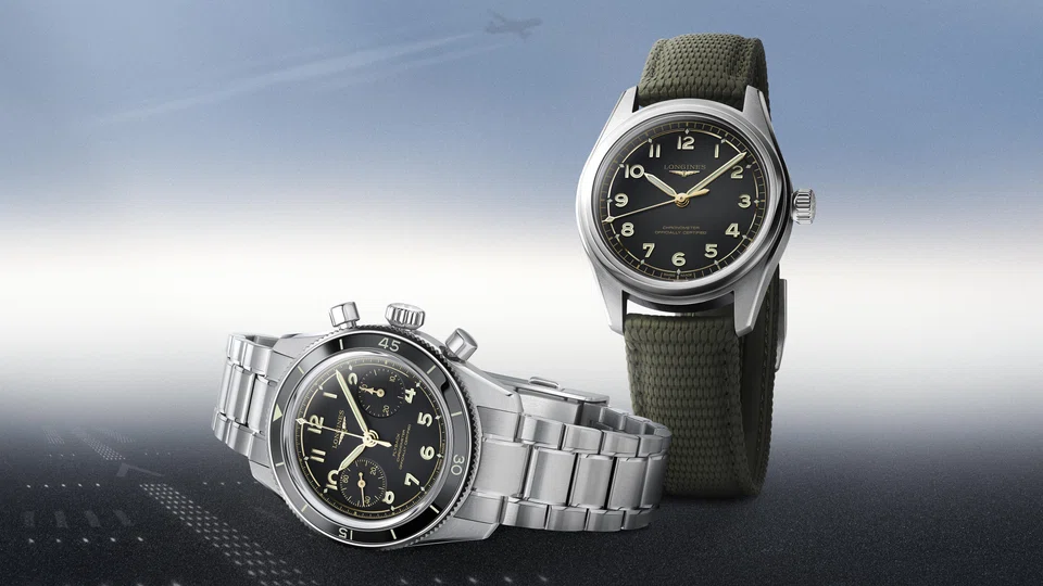 The modestly sized Longines Spirit Pilot (left) and Spirit Pilot Flyback are suitable for both men and women.
