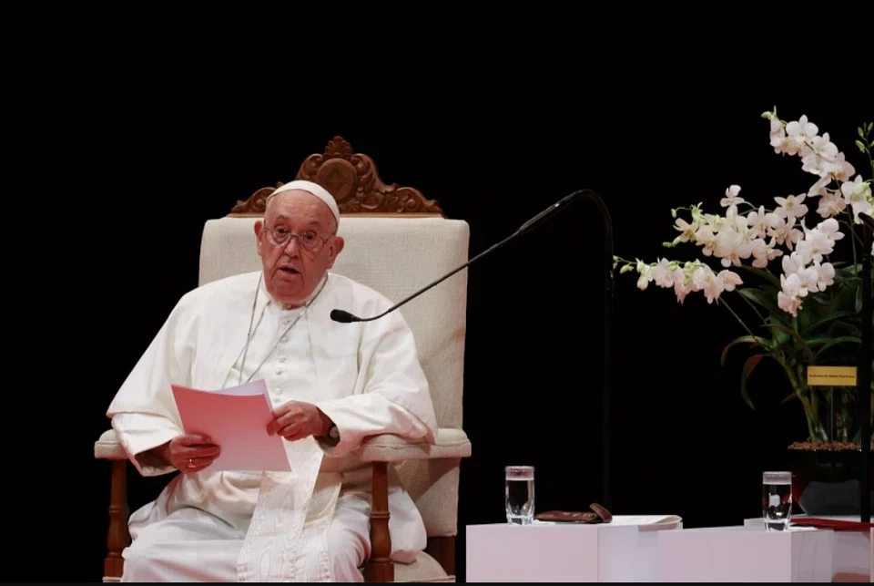 Pope Francis gave the State Address at the National University of Singapore's University Cultural Centre (UCC) on Sept 12, 2024. ST PHOTO: JASON QUAH