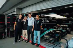 (From left) F1 driver George Russell, UBS Asia-Pacific president Iqbal Khan, Mercedes-AMG Petronas F1 team principal Toto Wolff, and F1 driver Lewis Hamilton.