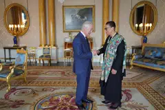 Britain's King Charles handshakes with the Commonwealth Secretary-General Baroness Patricia Scotland at Buckingham Palace, following the death of Britain's Queen Elizabeth, in London, Sept 11, 2022. 
