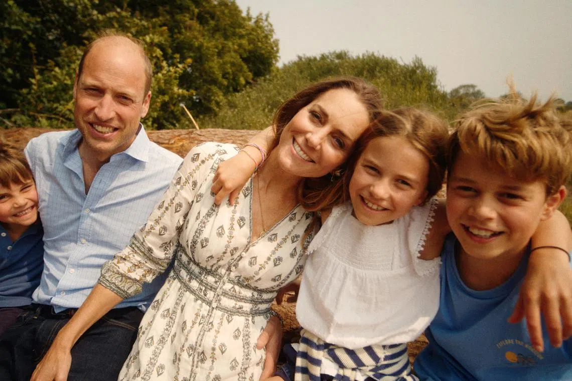 (From left) Prince William, Princess of Wales Catherine, Prince George, Princess Charlotte and Prince Louis in a screengrab  from video taken in August, Norfolk. Britain. 