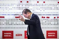 Japan's Prime Minister Shigeru Ishiba leaves after speaking to the media at the Liberal Democratic Party's headquarters, Tokyo, Japan, Oct 27, 2024. Exit polling suggest that the incumbent LDP would not be able to form a single-party majority government in a snap election called by Ishiba.  