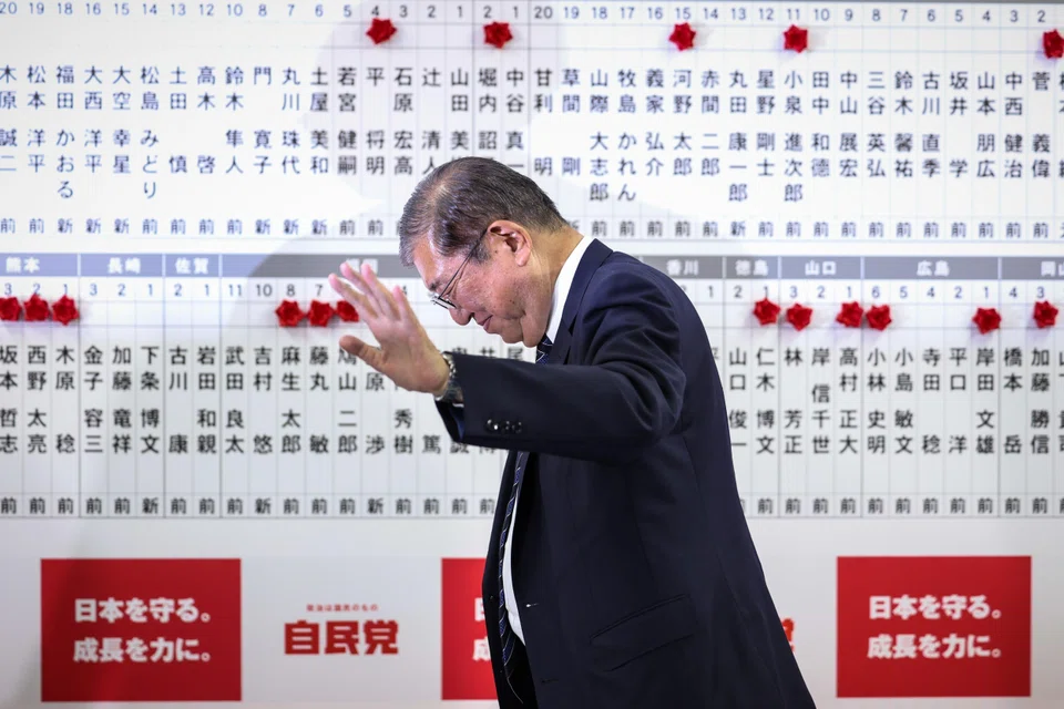 Japan's Prime Minister Shigeru Ishiba leaves after speaking to the media at the Liberal Democratic Party's headquarters, Tokyo, Japan, Oct 27, 2024. Exit polling suggest that the incumbent LDP would not be able to form a single-party majority government in a snap election called by Ishiba.  