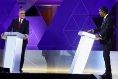 UK Prime Minister and Conservative Party leader Rishi Sunak (right) and Labour Party leader Keir Starmer at their live TV debate in Nottingham on Jun 26, 2024. Absent from the sparring : Brexit.