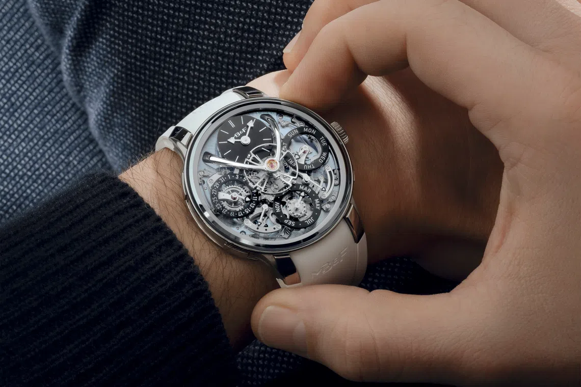 The latest LM Perpetual EVO is in titanium, but has a new icy blue dial plate. Like the earlier versions, it comes with an integrated rubber strap.