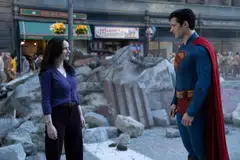 "Superman" stars David Corenswet (right) and Rachel Brosnahan.