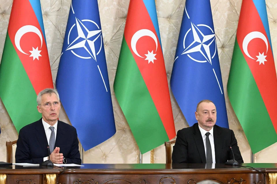 (From left) Nato Secretary General Jens Stoltenberg and Azerbaijani President Ilham Aliyev deliver press statements following their talks in Baku, Azerbaijan on March 17, 2024. 