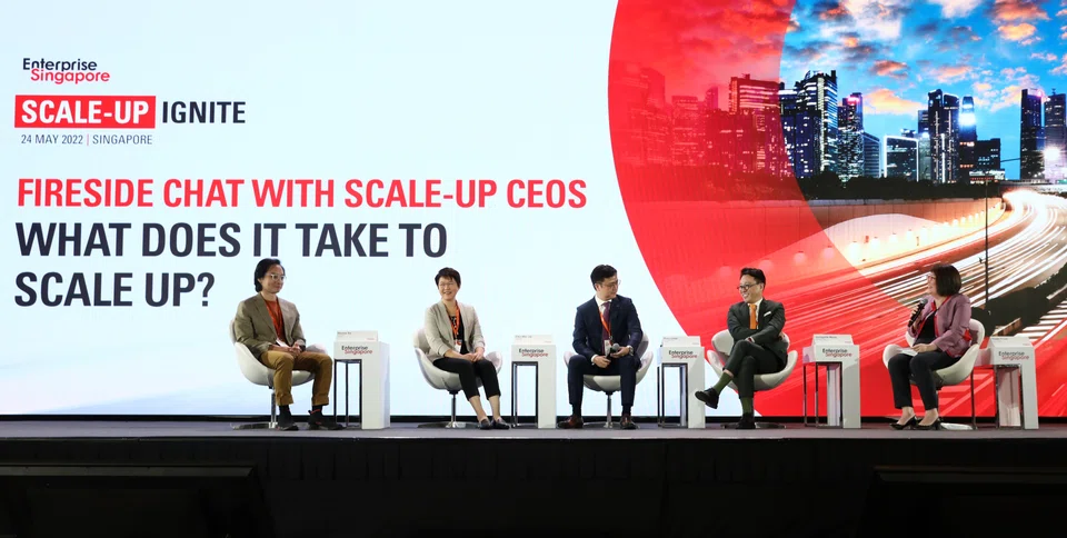 The fireside chat with Scale-up SG CEOs featured (from left) Declan Ee, co-founder, Castlery; Chin Wei Jia, group CEO, HMI Group; Zhou Lihan, co-founder and CEO, MiRXES; Joongshik Wang, partner, EY-Parthenon; and moderator Diaan-Yi Lin, senior partner, McKinsey &amp; Company.