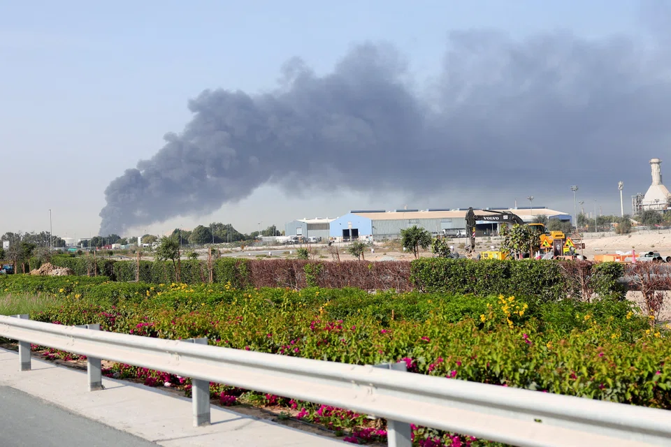 Smoke billowing from Jebel Ali port after an Iranian attack on Sunday.