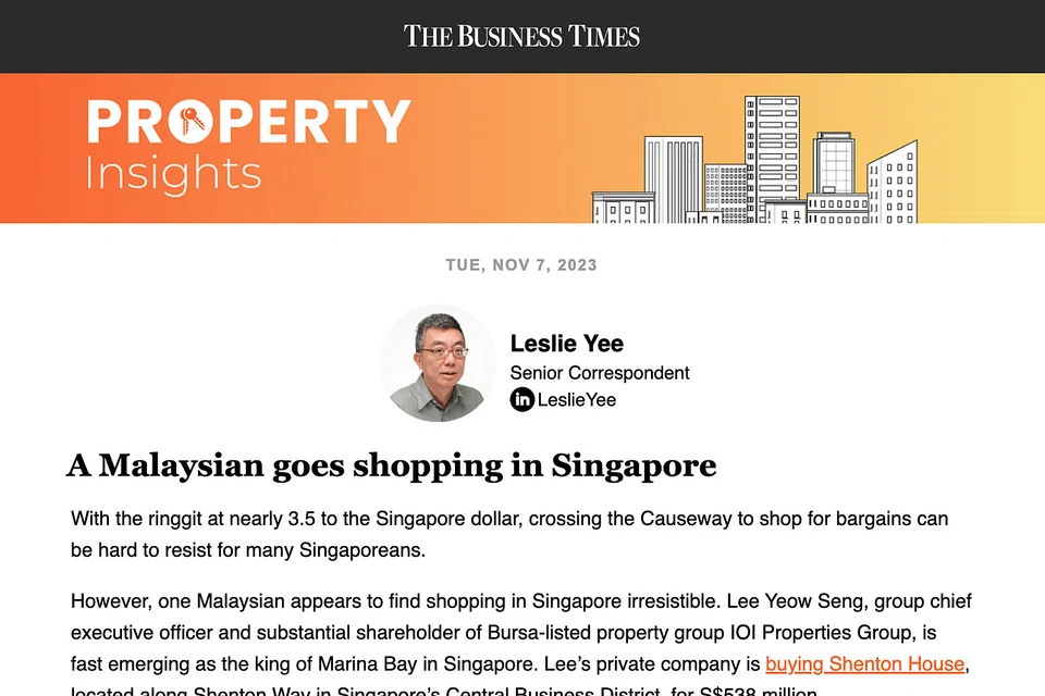 Lee Yeow Seng, group chief executive of  IOI Properties, has extensive interest in downtown Singapore, writes BT senior correspondent Leslie Yee.