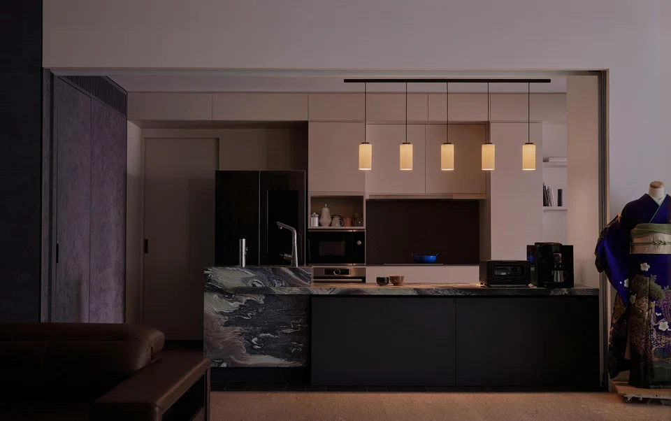 An open kitchen with a generous counter.