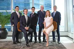 From left (back row): Ken Sze, Head of Investments Asia; Ong Shun Wei, Head of Discretionary Portfolio Management; David Ratcliffe, Chief Operating Officer; Wengmun Loh, Head of Dealing. From left (front row): Tom Road, Team Lead, International; Evonne Tan, Head of Private Bank.