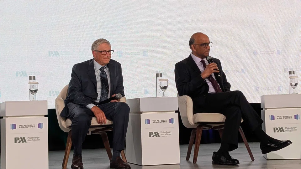 Bill Gates (left), co-founder of the Gates Foundation, at a conference on May 5 alongside Singapore President Tharman Shanmugaratnam.