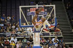 The Harlem Globetrotters’ Bull Bullard perching atop the basket during the team's previous visit to Singapore in April 2019.