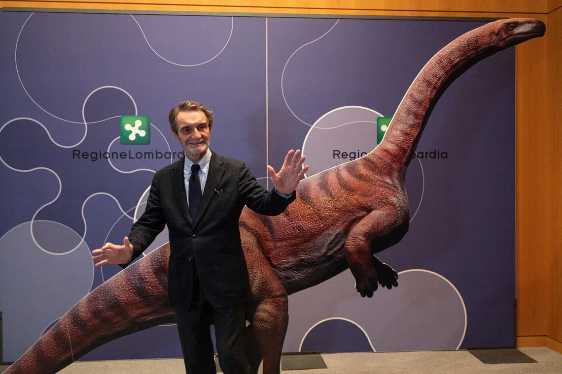 Attilio Fontana, head of the Lombardy region, presenting the discovery of thousands of dinosaur tracks  found in Italy's Stelvio National Park.