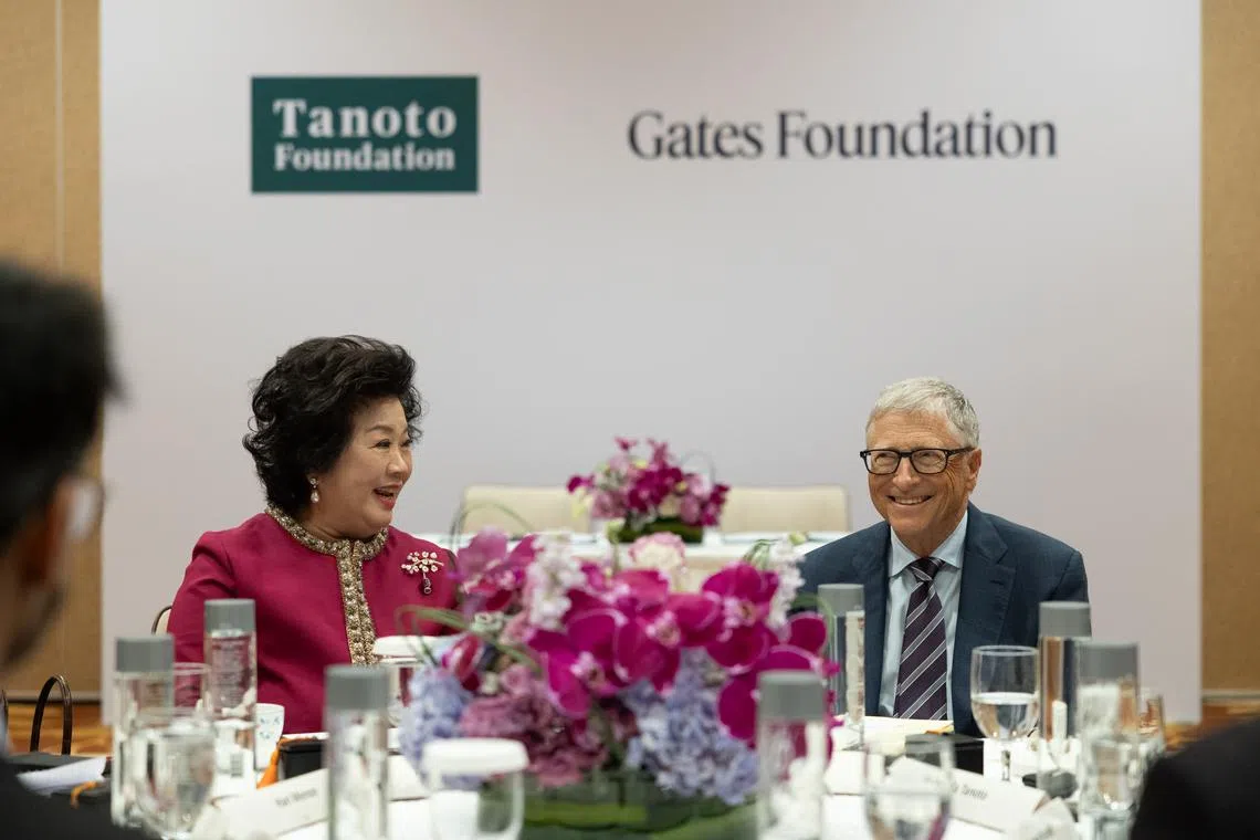 Tinah Bingei Tanoto (left), co-founder of Tanoto Foundation, and Bill Gates, co-founder of Gates Foundation, at the MOU signing. Their respective foundations are set to work on a nutrition partnership in Indonesia.