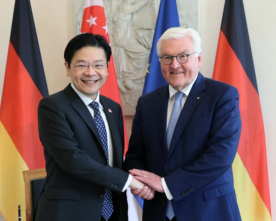 Deputy Prime Minister Lawrence Wong with German President Frank-Walter Steinmeier in Berlin on Monday. Wong has started a six-day visit to Germany and France. 