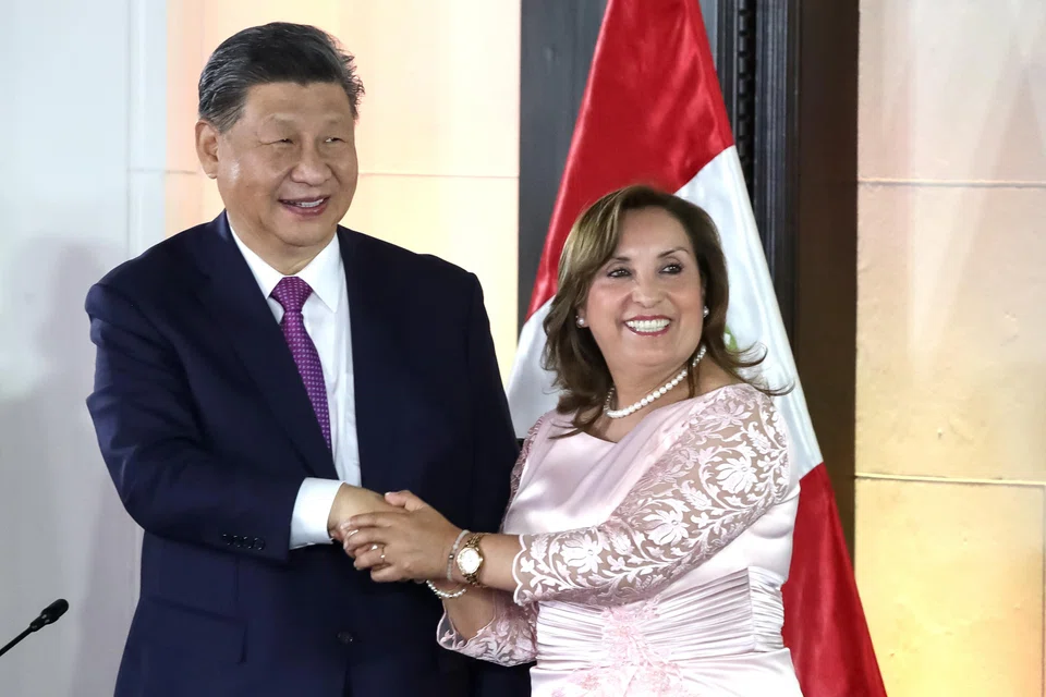Peruvian President Dina Boluarte and Chinese President Xi Jinping attend an inauguration event for the Chancay mega-port at the Government Palace in Lima.