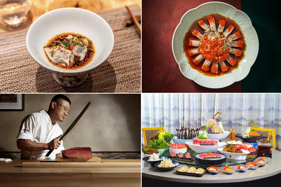 Among the recent Chinese F&B players to open in Singapore are (clockwise from top left) KUN, Yong Fu, Chamoon Hotpot and Sushizen by chef E Ran (pictured). 