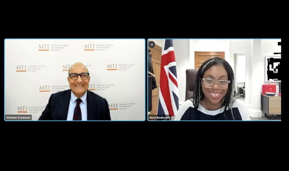 Minister-in-charge of Trade Relations S Iswaran and UK Secretary of State for Business and Trade Kemi Badenoch at a virtual meeting where they announced the launch of negotiations for a new UK-Singapore Bilateral Investment Treaty.