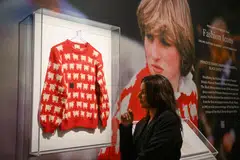 The "Black Sheep Jumper" designed by Sally Muir and Joanna Osborne and worn on several occasions by Britain's late Princess Diana, at Sotheby's auction house in London, Britain on July 17, 2023. 