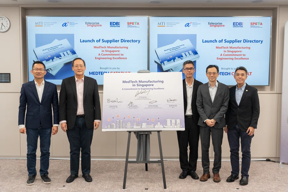 From left: Beh Kian Teik, A*Star chief executive; Dr Tan See Leng, minister for manpower and second minister for trade and industry; Soh Leng Wan, assistant managing director (manufacturing) at Enterprise Singapore; Choo Heng Tong, executive vice-president at Economic Development Board; and Wong Anwei, executive director at Singapore Precision Engineering and Technology Association. 