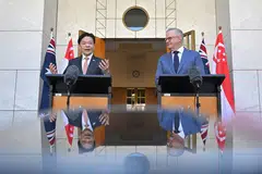 The world is becoming more uncertain and unsettled, but Australia and Singapore share “a common strategic perspective that is built on a deep reservoir of trust”, says Singapore's Prime Minister Lawrence Wong (left) at a joint press conference in Canberra with Australian Prime Minister Anthony Albanese.