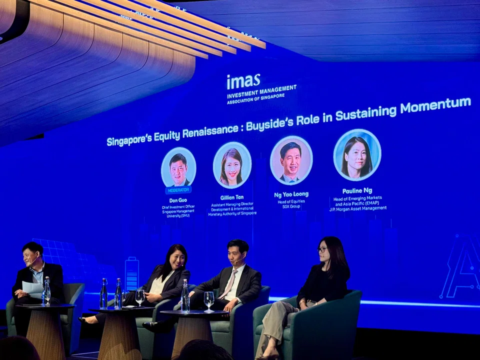 From left: Don Guo, chief investment officer, SMU; Gillian Tan, assistant managing director (development and international), MAS; Ng Yao Loong, head of equities,  SGX; and Pauline Ng, head of Asean and EMAP equities, JP Morgan Asset Management, at a panel discussion during the IMAS conference.
