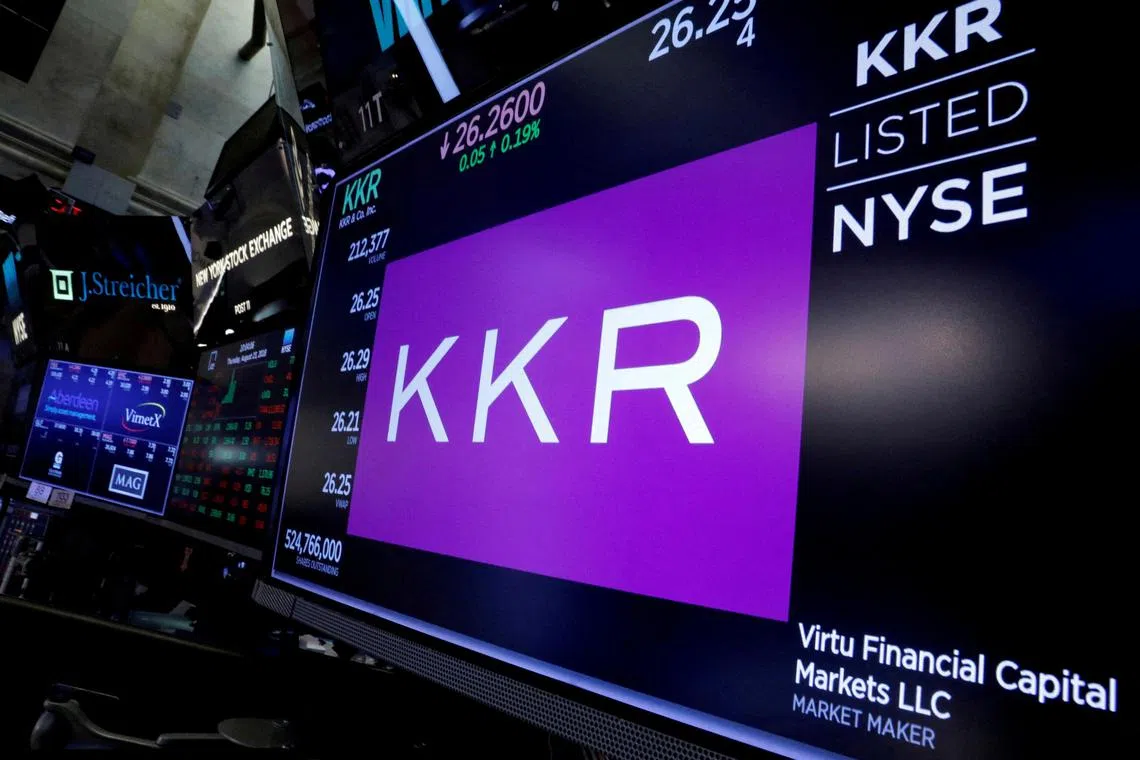 FILE PHOTO: Trading information for KKR & Co is displayed on a screen on the floor of the New York Stock Exchange (NYSE) in New York, U.S., August 23, 2018. REUTERS/Brendan McDermid/File Photo