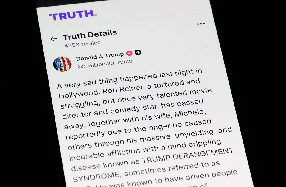 US President Donald Trump's Truth Social post on the death of actor and director Rob Reiner on Dec 15, 2025. Reiner and his wife, Michele Singer Reiner, were found dead in their Brentwood home on Dec 14, 2025.