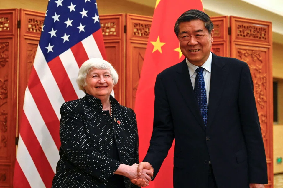 US Treasury Secretary Janet Yellen (left) with China's Vice-Premier He Lifeng on Apr 5. Receiving red-carpet treatment in Beijing, she reciprocated by suggesting the need to repair the relationship between the two economic superpowers.