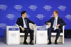 PM Wong (left) at a dialogue session with WEF president and CEO Borge Brende at the “Summer Davos” in Tianjin on Jun 25.
