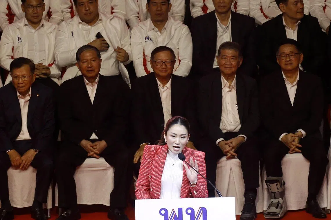 Paetongtarn Shinawatra, daughter of former Prime Minister Thaksin Shinawatra, lined up as one of the Pheu Thai Party's prime ministerial candidates, speaks during an event on March 17, 2023 to unveil the party's candidates list and announce their policies for the upcoming general election.