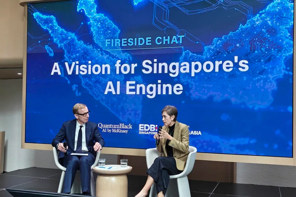 From left: McKinsey & Company senior partner Daniel Pacthod and Minister for Digital Development and Information Josephine Teo at the launch of the "State of AI in Southeast Asia" report on Wednesday. Teo likened the current wave of AI adoption among individuals to assembling flat-pack furniture.